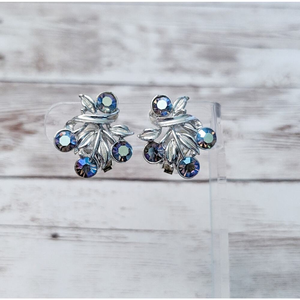 Vintage Clip On Earrings - Stunning Silver Tone & Iridescent Gems Statement